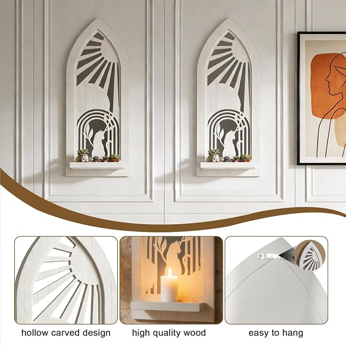 ZEXUIRU 2 Set Rustic Candle Sconces Living Room Bedroom Entryway Wood Mirrored, Farmhouse, Carved Frame Wall-Mount Wooden Candle Holders Wall Decor Hanging Handmade Holder - Distressed White