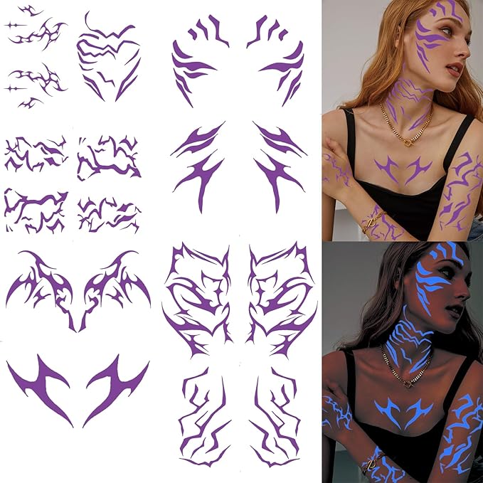 12 PCS Glow in The Dark Cosplay Purple Temporary Tattoos, Dance Fake Tattoos for Cosplay, Halloween, Music Festival, Dance Party Makeup, Fantasy Creature Design, Fantasy Theme Costume Accessories