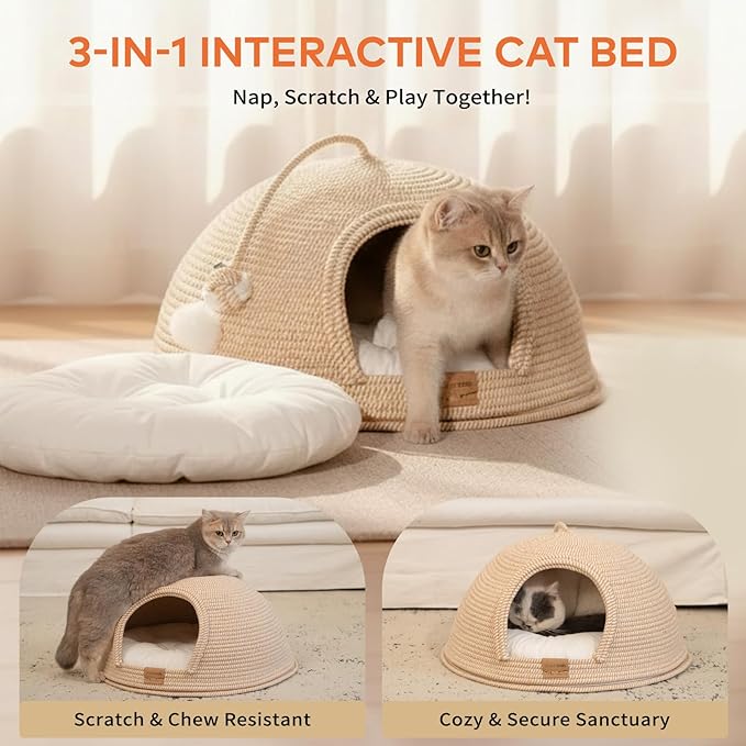 Cat Cave Bed with Washable Cushion and Ball, Handwoven Cotton Rope Cat Basket Bed for Indoor Cats Bed Covered, 3-in-1 Scratching, Playing & Sleeping, All Season Universal(White)
