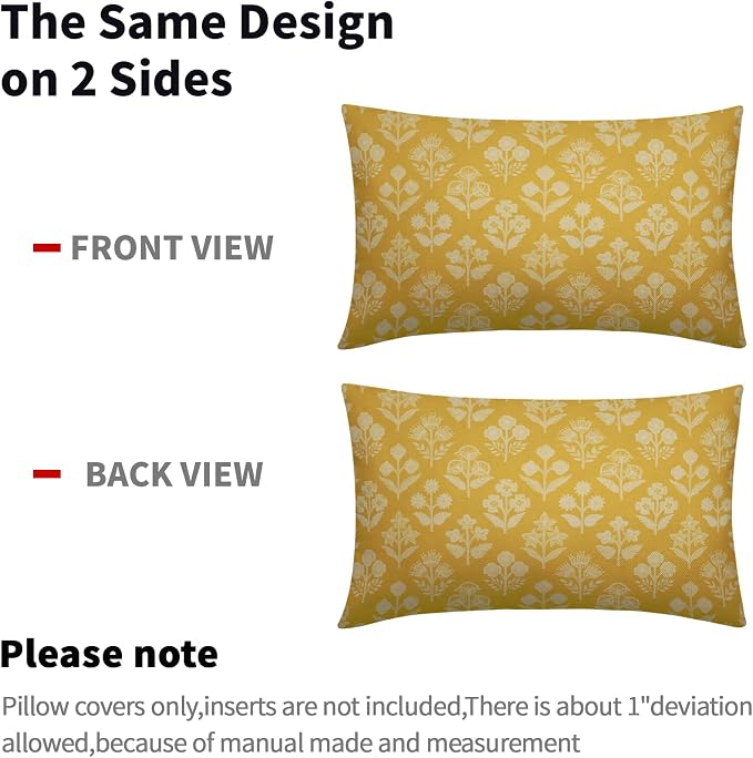 Yellow Pillow Covers 12x20 Inch Set of 2, Cream Floral Block Print Pattern Lumbar Decorative Throw Pillowcases Outdoor Farmhouse Rectangle Cushion Covers Spring Summer Sofa Couch Bed Decor