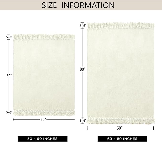 Chenille Throw Blanket for Couch 60" x 80" Twin, Ivory White | Soft Cozy Warm Throws with Fringe Tassel, for Living Room Bed Sofa Chair Cover, Lightweight Knitted Decorative Boho Blankets