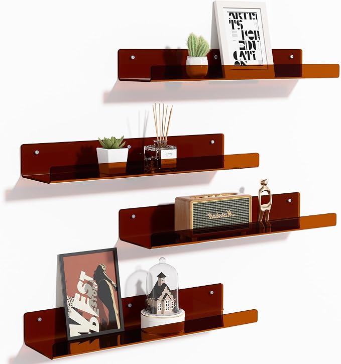 upsimples 4 Pcs 15" Acrylic Shelves for Wall Decor and Display, Brown | Cute Floating Shelf for Perfume, Skincare, Nail Polish, Wall Organizer for Bedroom, Living Room, Playroom, Room Décor