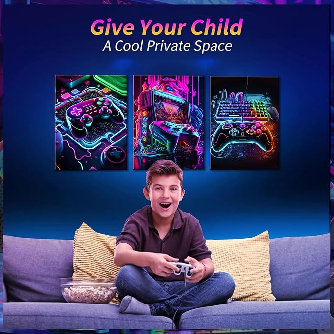 BGFCE Game Room Decor Posters Set of 3 - Neon Gaming Accessories Theme Canvas Wall Art, Gamer Console Paintings Picture Wall Decor for Children Youth Boys Bedroom 16x24 inch Unframed