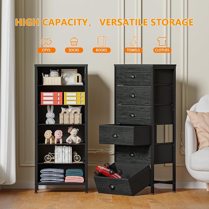 Black Dresser for Bedroom, Tall Fabric Chest of Drawers | Bedroom Dresser with 6 Fabric Bins, Vertical Storage Drawer for Dorm, Organizer in Closet, Living Room, Wood Top, Metal Frame