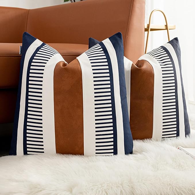 Set of 2 Decorative Faux Leather Pillow Covers 16x16 inch, Modern Boho Cushion Cover Set for Couch Living Room Bedroom Striped Accent Pillowcase Farmhouse Decor, Navy Blue