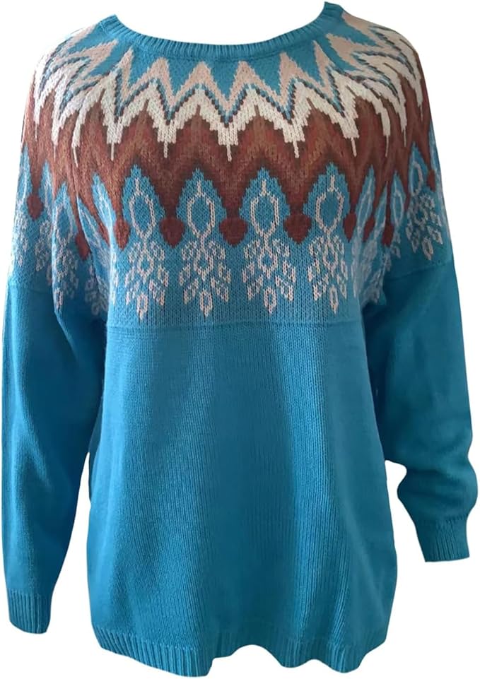 Zhyaj Fair Isle Sweater for Womens Winter Long Sleeve Vintage Knitted Sweater Casual Fall Crew Neck Pullover Sweaters