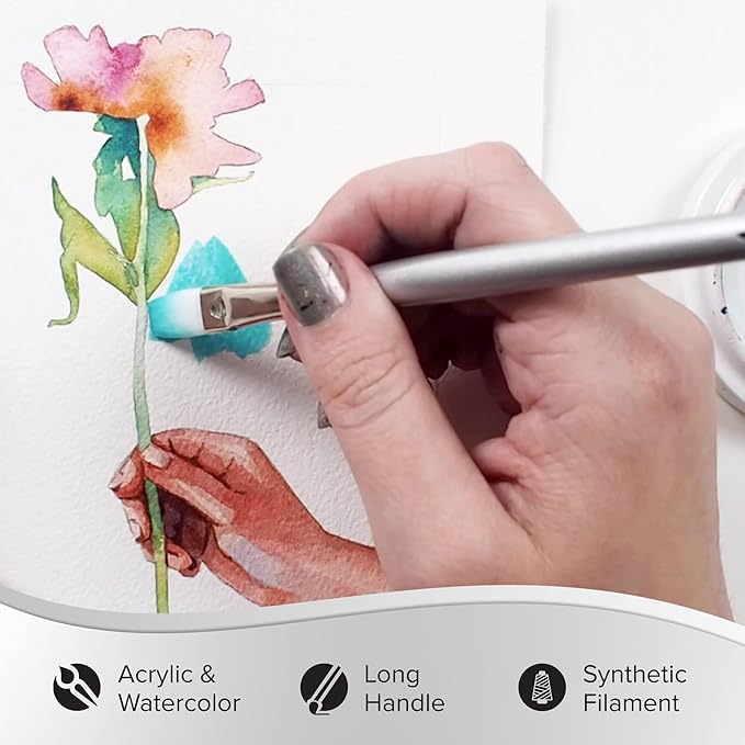 Silver Brush Limited 15014 Silverwhite Flat Brush, Watercolor, Acrylics, Gouache, or Oil Brush, Size 4, Long Handle