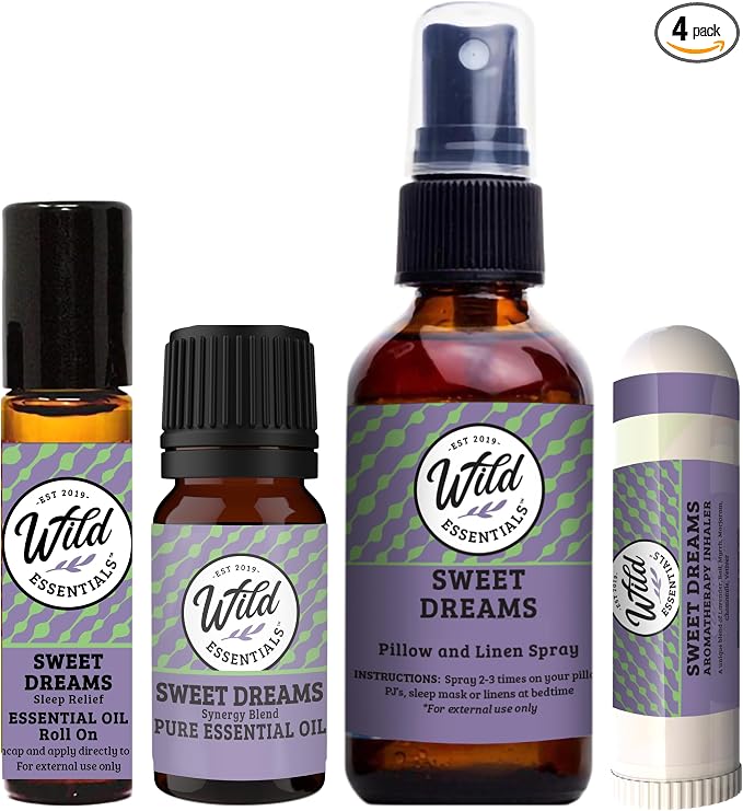 Wild Essentials Sweet Dreams Essential Oil Bundle – 100% Pure Sleep & Relaxation Blend – Roll-On, Aromatherapy Inhaler, Pillow/Room Spray & Essential Oil, USA Made