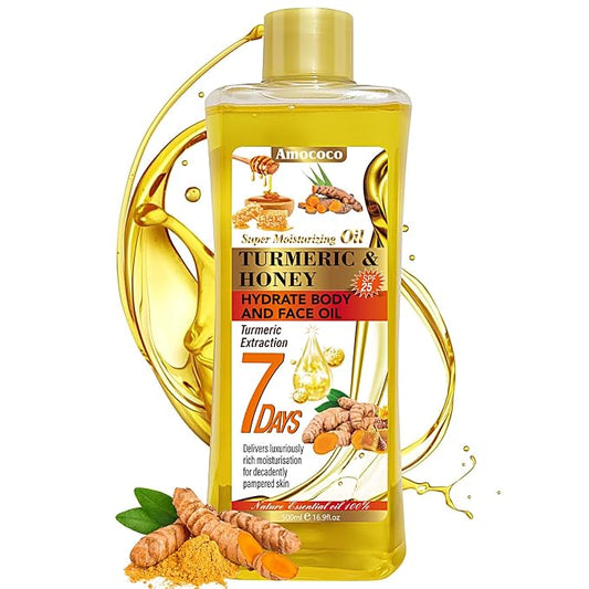 Turmeric & Honey Body Oil, Deep Moisturizing Treatment with Sweet Almond Oil, Vitamin E, and Collagen (16.9 fl oz)