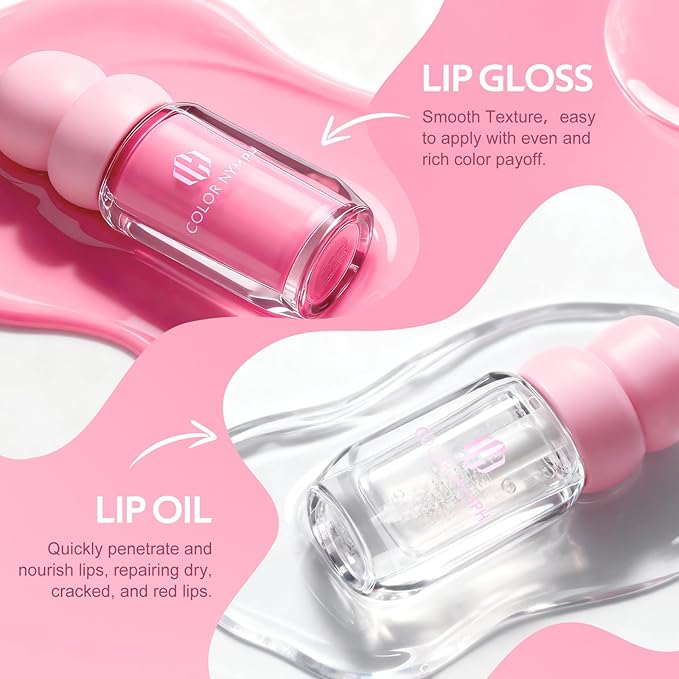 Color Nymph Lip Oil & Lip Gloss Set, Hydrating Non-Sticky Lip Makeup, Nourishing Lip Care with Jojoba Oil & Hyaluronic Acid, Glossy Pigmented Finish, #04 Ballet Pink