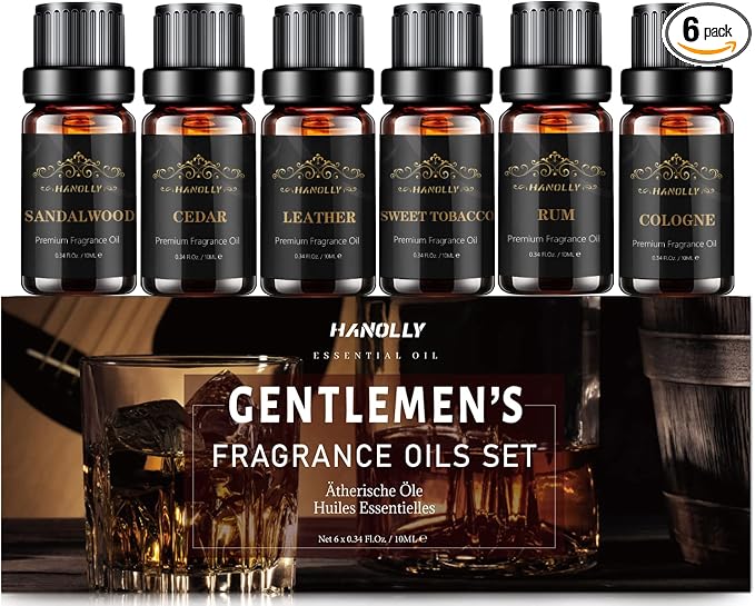 Essential Oils Set, Men Scents Fragrance Oil Aromatherapy Essential Oils Kit for Diffuser (6x10ML) - Sandalwood, Cedar, Leather, Sweet Tobacco, Rum, Cologne Aromatherapy Oil Gift for Men