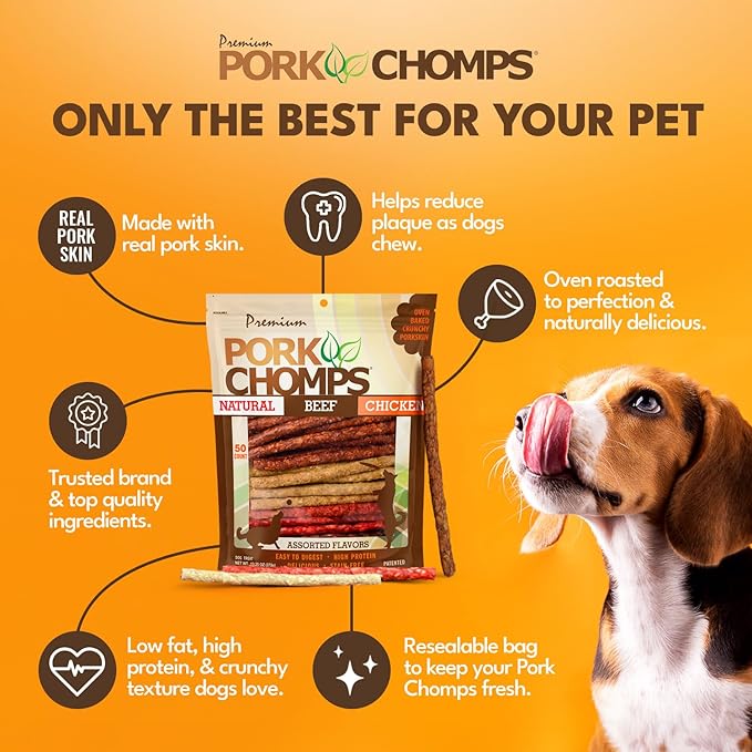 Pork Chomps Dog Chews, 5 in Munchy Sticks, Assorted Flavors, 50 Count | Oven-baked from real pork skin - a rawhide-free chew that's low in fat, high in protein, and easy to digest