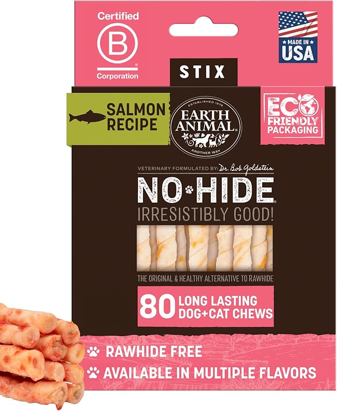 Earth Animal No Hide Stix - Rawhide Free Dog Chews Sticks 80 Count Salmon | Small Sticks Salmon Flavored Natural Rawhide Free Long Lasting Dog Chews - Pet Treats for Small Dogs and Cats