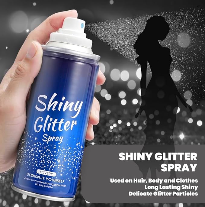 Body Glitter Spray Holographic Silver Glitter Hairspray Shiny Spray for Body Hair Clothes, Quick-Drying Long Lasting Shimmer Makeup for Music Festival Rave Prom Party (4.22 Fl Oz, Silver)