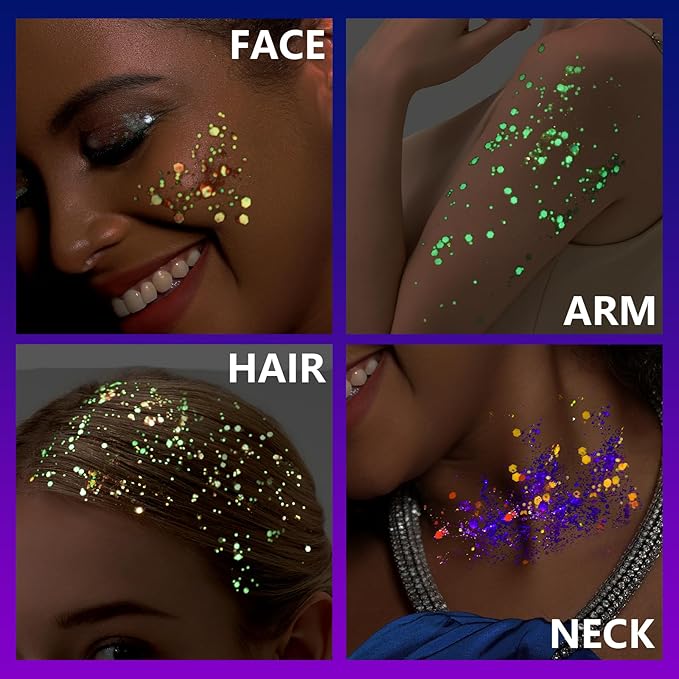 Teenitor 24 Colors Glow in The Dark Body Glitter Face Glitter Gel for Halloween, Hair Glitter for Kids Rave Accessories, Chunky Glitter Face Glitter for Women Makeup in Festivals Party