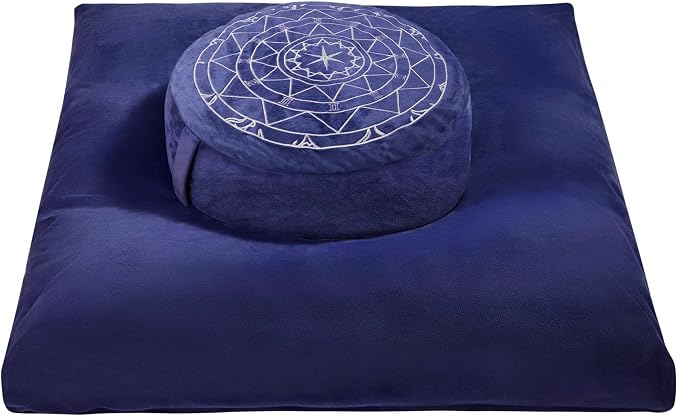 Zafu & Zabuton Meditation Cushion Set - Buckwheat Hull & Memory Foam Pillows, Ergonomic Support for Yoga, Mindfulness - Organic Velvet Cover, Large Size, Durable Comfort (Dark Blue)
