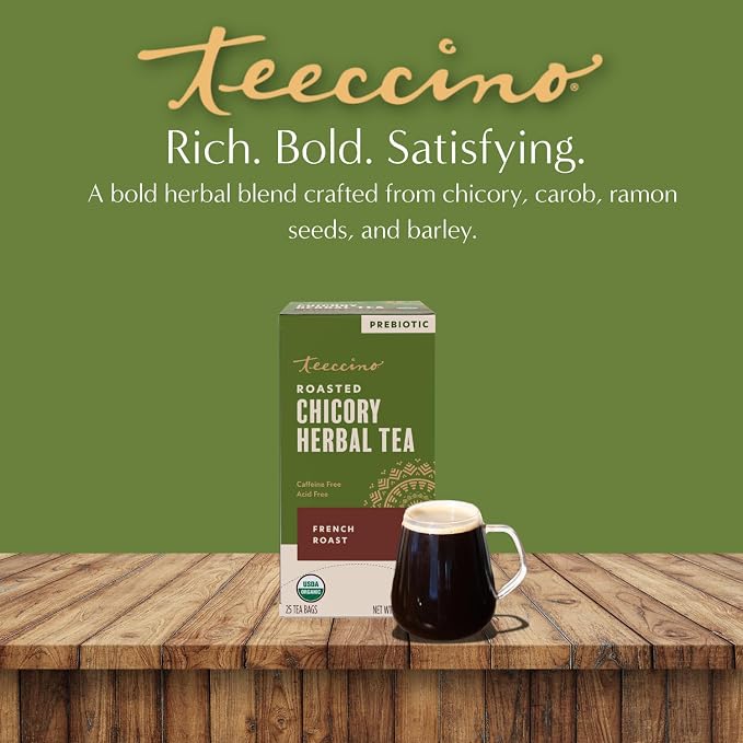 Teeccino French Roast Herbal Tea - 25 Tea Bags - Rich & Roasted Herbal Tea That’s Caffeine Free & Prebiotic for Natural Energy, Coffee Alternative, (Pack of 3)