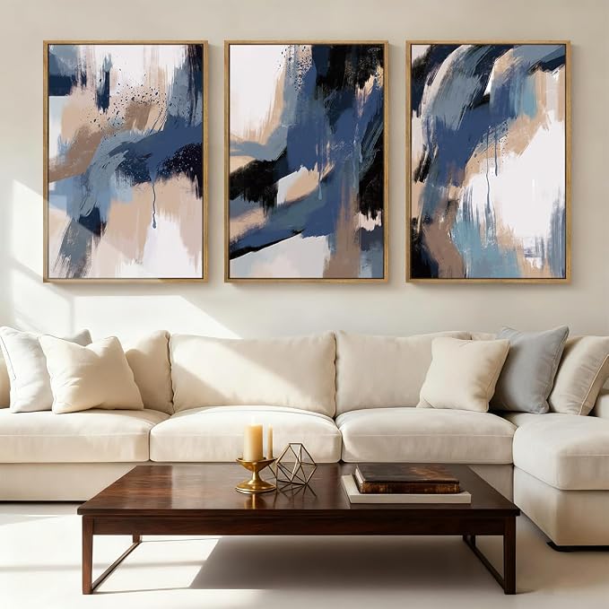 Extra Large Blue Neutral Wall Art Decor Modern Abstract Wall Painting Framed Artwork for Living Room Bedroom Office 24x36 Inch Set of 3