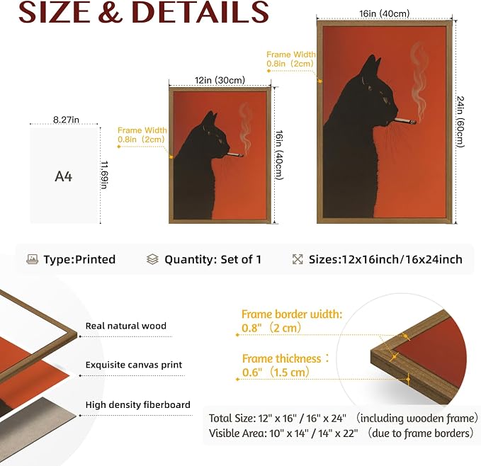 VziizV Black Cat Wall Art, Funny Smoking Cat Canvas Print, Vintage Retro Animal Wall Decor, Minimalist Whimsical Poster Artwork for Bar Cart Living Room Bedroom Office Wood Framed 12x16 Inch