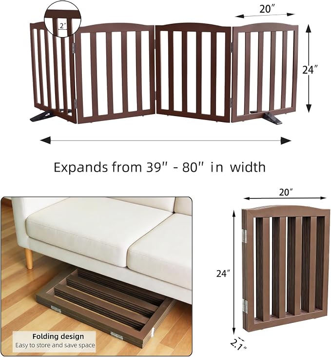 ZJSF Foldable Freestanding Indoor Dog Gate for House Wood Long Pet Gates Dog Fence for Stairs Puppy Gates for Hallways, Puppy Gate,Support Feet Included, Brown, 24 "Height-4 Panels