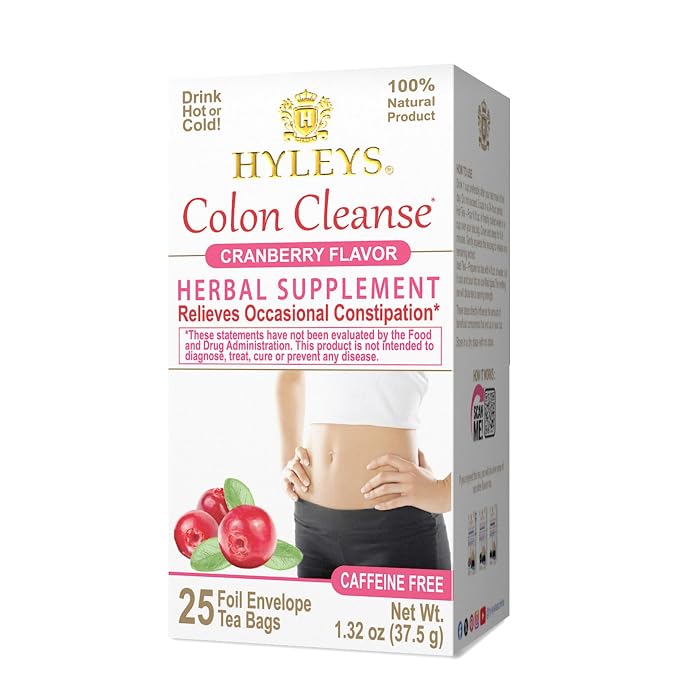 HYLEYS Colon Cleanse Tea, Cranberry Flavor - 25 Individually Wrapped Herbal Tea Bags - Caffeine Free, Vegan