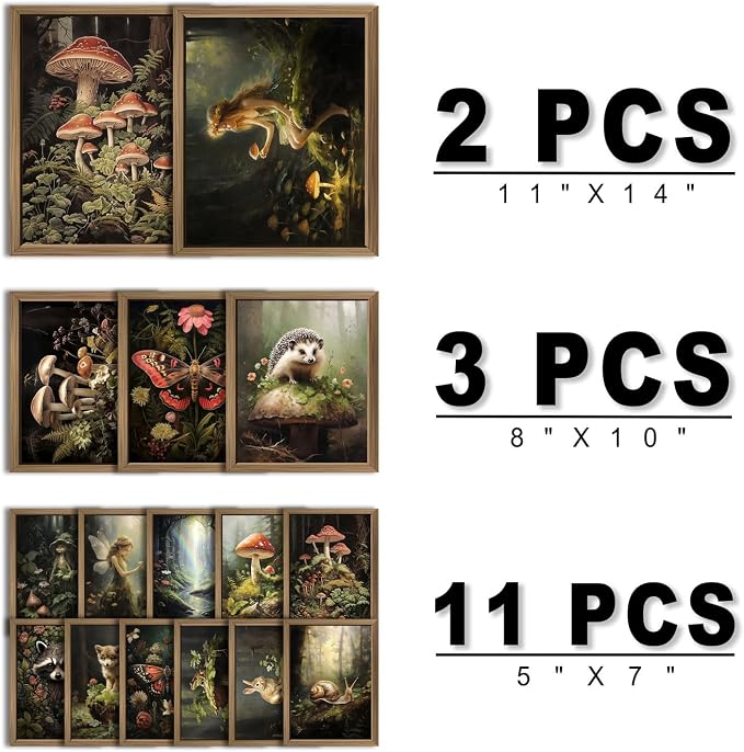 ANERZA 16 PCS Framed Dark Cottagecore Wall Art Decor, Cottage Core Wall Prints for Bedroom, Gallery Wall Frame Set, Fairycore Posters for Living Room Aesthetic, Nature Forest Mushroom Dorm Home Decor