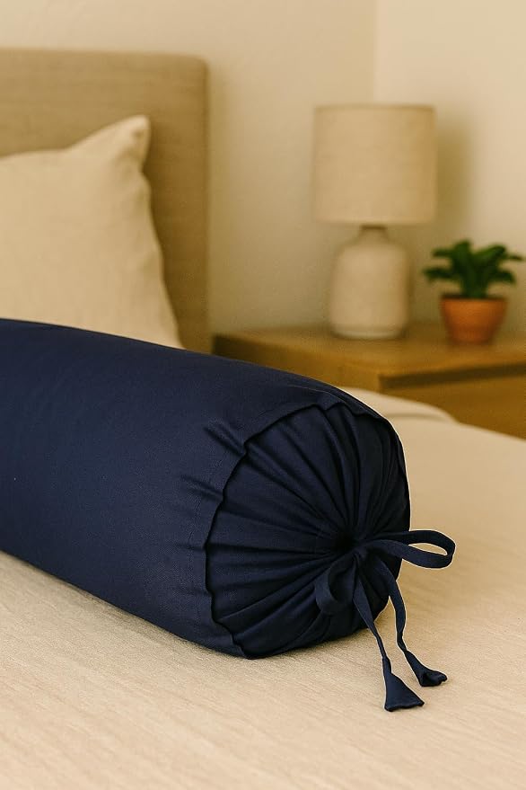Round Pillow Cover Cervical Neck Roll Cotton Bolster Pillowcase for Cylindrical Cushion and Drawstring Closure Round Neck Pillowcase 6" x 18" (15 x 45 cm) Navy Blue