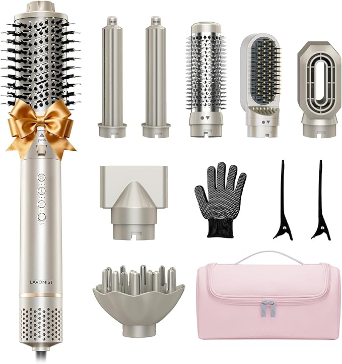 Lavomist 8-in-1 Dual Voltage Hot Air Styler & Hair Dryer Brush for Fast Drying, Frizz-Free Styling, with Straightener & Curler, 110,000 RPM, Includes Travel Bag