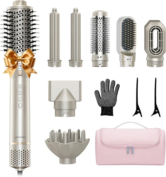 Lavomist 8-in-1 Dual Voltage Hot Air Styler & Hair Dryer Brush for Fast Drying, Frizz-Free Styling, with Straightener & Curler, 110,000 RPM, Includes Travel Bag