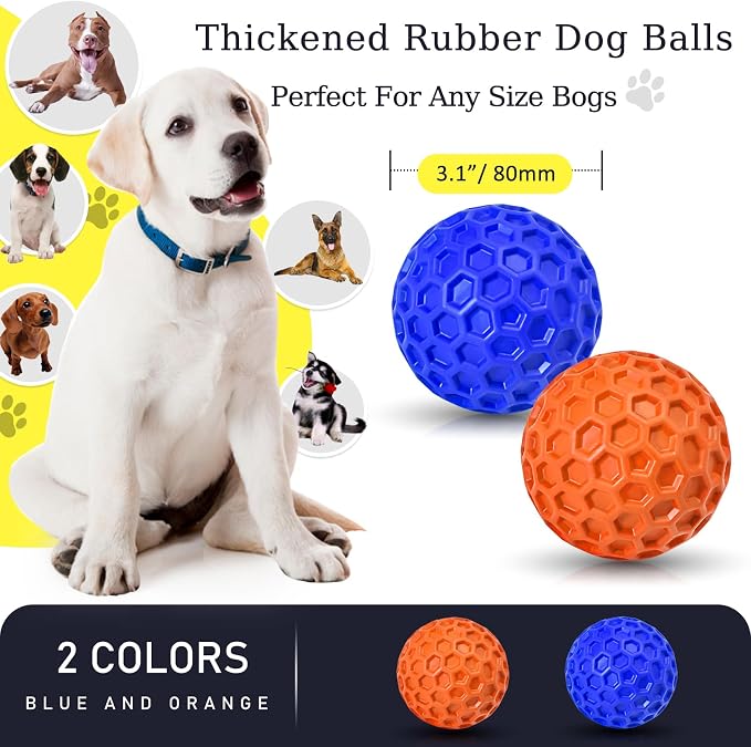 2 Pack Indestructible Squeaky Dog Balls for Aggressive Chewers, Interactive Dog Toys for Teething, Relieving Anxiety. Chew Toy for Large, Medium Breeds, Outdoor Rubber Balls.