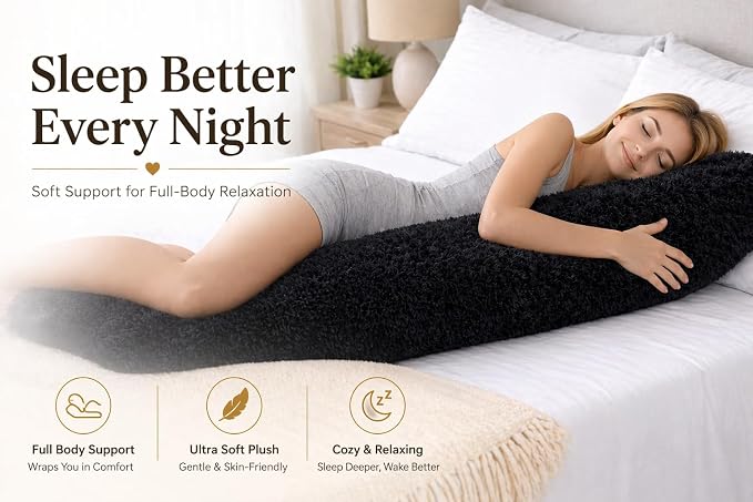 REAFORT Long Hair Faux Fur Body Pillow Cover 21"x54", Hidden Zipper (Black) | Ultra-soft long hair faux fur with a hidden zipper offers luxurious comfort and is machine washable for easy care.