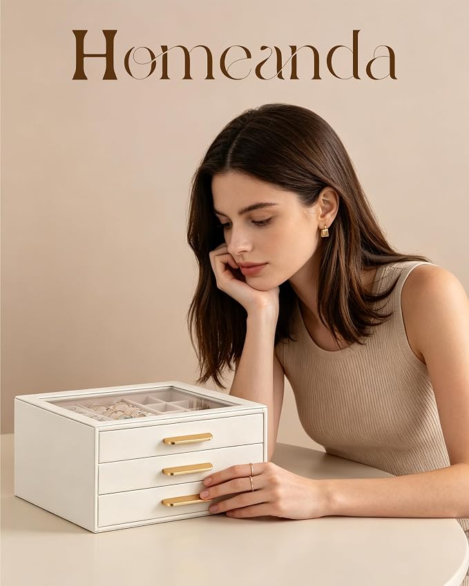 Homeanda Jewelry Boxes Organizer with Glass Lid, 3-Layer PU Leather, Beige | Modern style display case with 3 drawers for daily jewelry, women, mom or girl gift