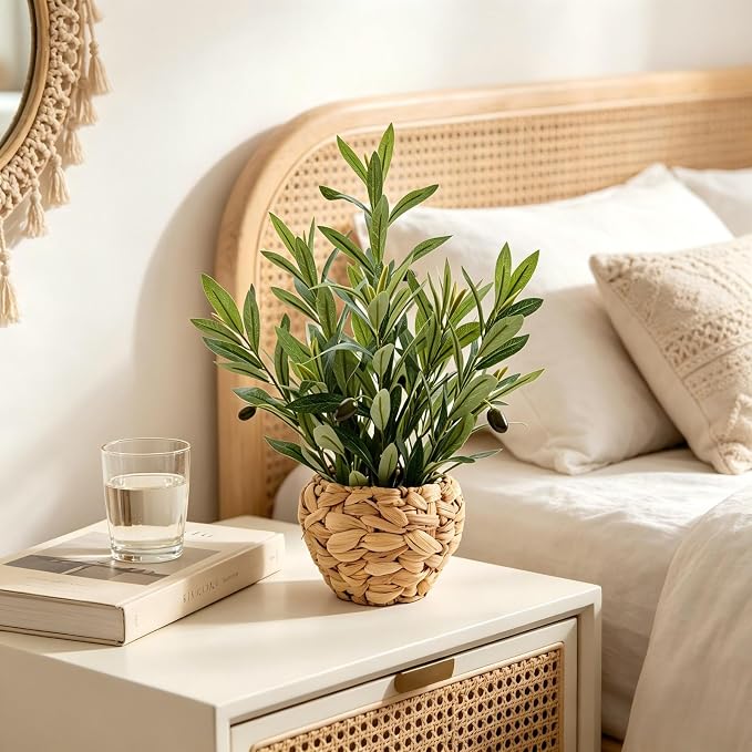 AlphaAcc Fake Potted Plant Small Olive Water Hyacinth Mediterranean Decor | 17.7" Realistic artificial olive branches natural hyacinth boho mediterranean rustic style ideal office desk shelf home decor