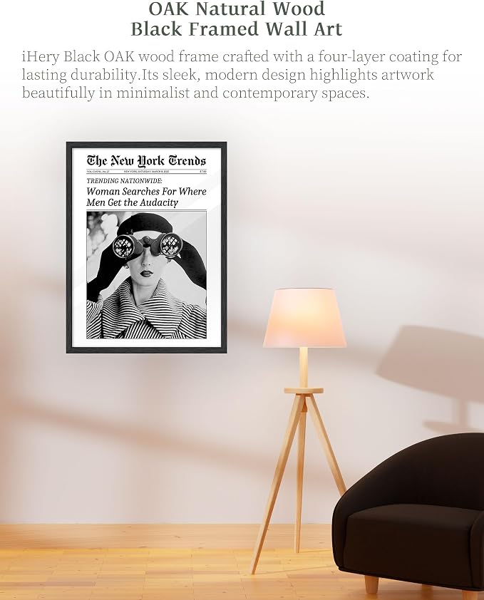 iHery 12x16in Woman Searches for Where Men Get the Audacity Framed Art | Premium Black OAK Wood Frame with Canvas Print, Vintage Fashion Decor for Bedroom, Dorm, Living Room and Bar Cart, 1Pack
