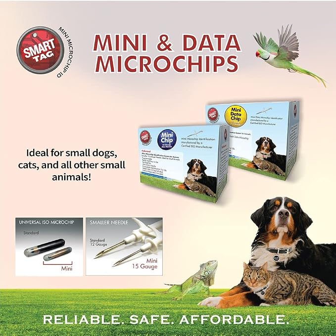Mini ISO Data Microchip with Lifetime Pet Recovery Service/24-7 US Call Center/Free Registration, Implanter & Metal ID Tag for Dogs, Cats & All Animals, 15 Gauge/25 Pack