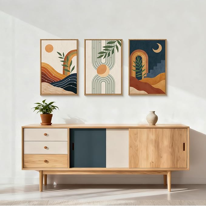 FWIEXA Vintage Boho Nature Framed Canvas Wall Art Set of 3, Minimalist Geometric Sun Moon Line Wall Prints, Abstract Green Leaf Painting,16x24In Modern Beige Navy Blue Artwork for Living Room,Bedroom
