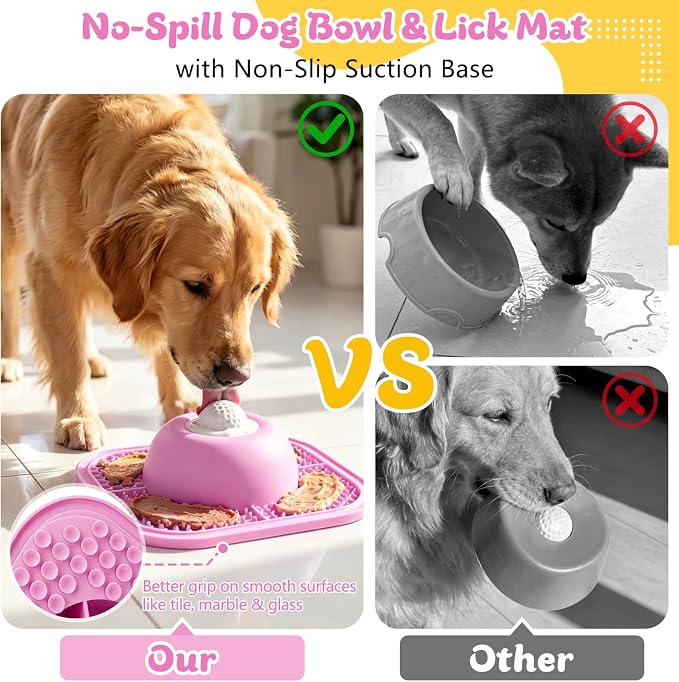 Slow Feeder Dog Bowls & Lick Mat for Liquid and Thick Treat, Anti-Slip Dog Lick Bowl with Interactive Rolling Ball, 5/6 Cup Pup Licking Toy for Large Medium Small Dogs and Cats-Large Pink