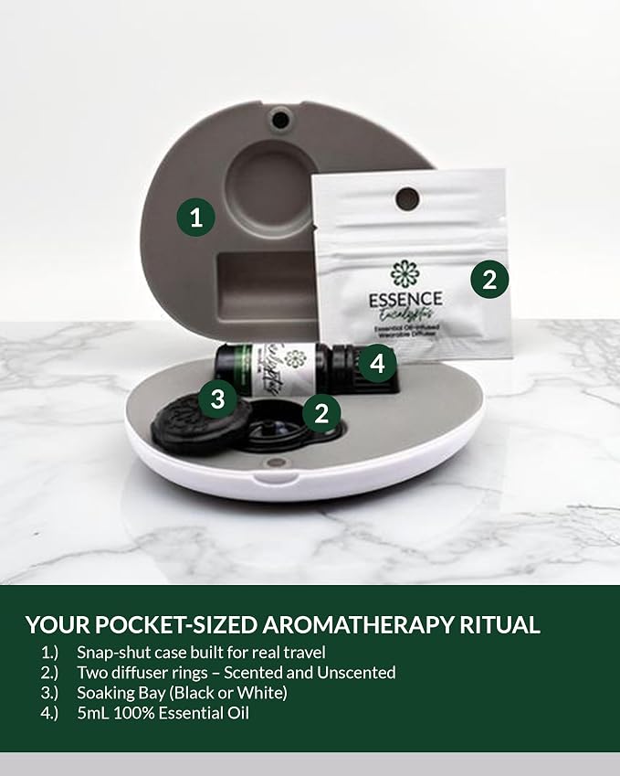 Essence Pearl Travel Case | Eucalyptus Essential Oil | Aromatherapy Nasal Diffuser & Essential Oil Carrying Case | Refreshing Eucalyptus Scent | Travel-Friendly Kit | Black Pod