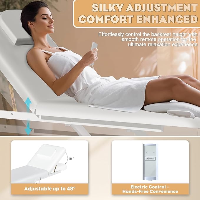 Electric Lift Massage Table for Estheticians, Professional Facial Bed with Adjustable Backrest, Waxing Table, Heavy-Duty 1500lbs Capacity (White)