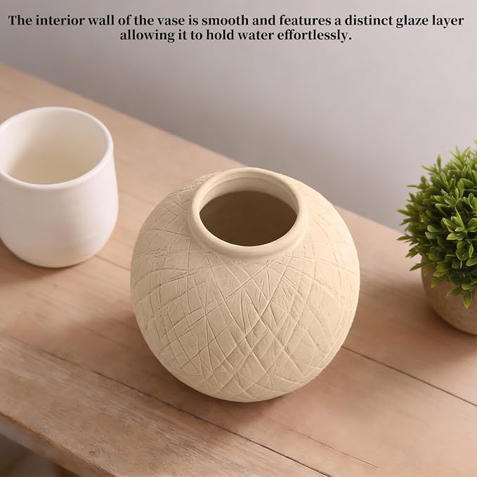 Rustic Ceramic Vintage Farmhouse Vase for Decor (Small Carved Beige) | 6'' Boho Decorative Vase for Home, Round Textured Clay Terracotta Bowl vase for Living Room, Table, Shelf, Centerpieces