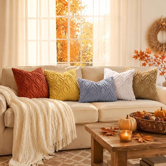 decorUhome Faux Fur Mustard Yellow Throw Pillow Covers 24x24 Set of 2 | Plush Solid Fall Couch Pillow Covers, Accent Modern Farmhouse Neutral Decorative Soft Pillow Cases for Sofa Bed Living Room