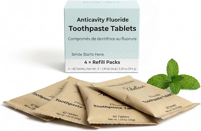 TIDALOVE Fluoride Toothpaste Tablets with Nano Hydroxyapatite - Vegan, Enamel Strengthening, Zero Waste, Paper Refill, 248 Tablets, Cool Mint, 4 Month Supply, Travel-Friendly