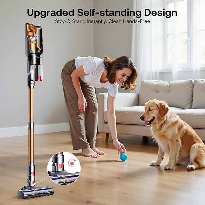 Trucozie Cordless Vacuum Cleaner, Self-Standing Lightweight Stick Vacuum with 50 mins Runtime, Powerful Suction, Anti-Tangle Wireless Vacuum for Home, Hardwood Floor, Carpet, Pet Hair, Gold