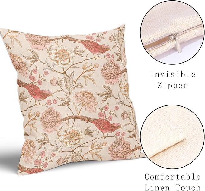 Pink White Roses Floral Pillow Covers 18X18 Inch Set of 2 Retro Flowers Birds Leaves Decorative Pillow Cases Art Vintage Cotton Linen Cushion Case Retro Home Decor for Sofa Couch Porch Outdoor