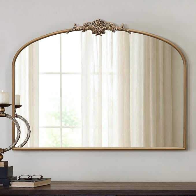 Besdomus Vintage Arched Gold Mirror: 40"x29" Large Brass Antique Decorative | French Baroque Metal Framed Mirrors - Traditional Ornate for Entryway/Bedroom/Fireplace/Bathroom - Ideal for Home Renovations