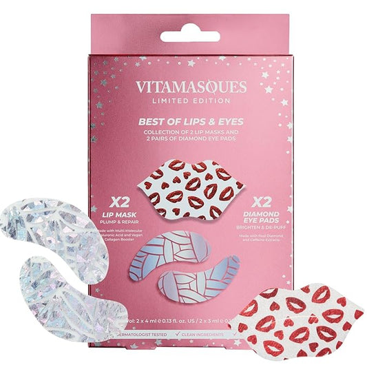 Vitamasques Under Eye Patches & Lip Mask Sheets, Best of Eyes & Lips Set 1 Packs - Eye Patches for Puffy Eyes - Under Eye Masks for Dark Circles and Puffiness - 4 Pads