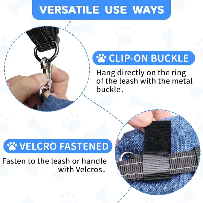 Dog Poop Bag Holder with Treat Pouch, 2 Zipper Pockets & Leash Clip
