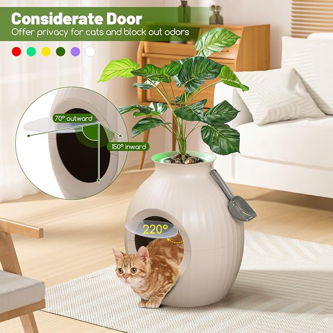 PETSITE Hidden Litter Box Plant, Cat Litter Box Enclosure Furniture with Smart Odor Removal System, 4 Light Effects, Door, Artificial Plant, Pebbles, Scoop, Planter Litter Box for Large Cats