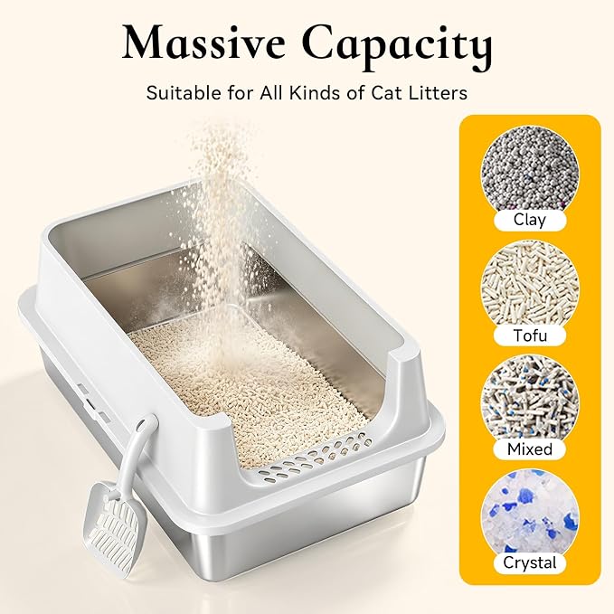 XL Open Top Stainless Steel Litter Box with High Sides, Gray | Extra Large Metal Cat Litter Pan , XL Litter Box, Non-Stick Easy Clean Anti-Leak Kitty Litter Pan, Odor Control, Open Top