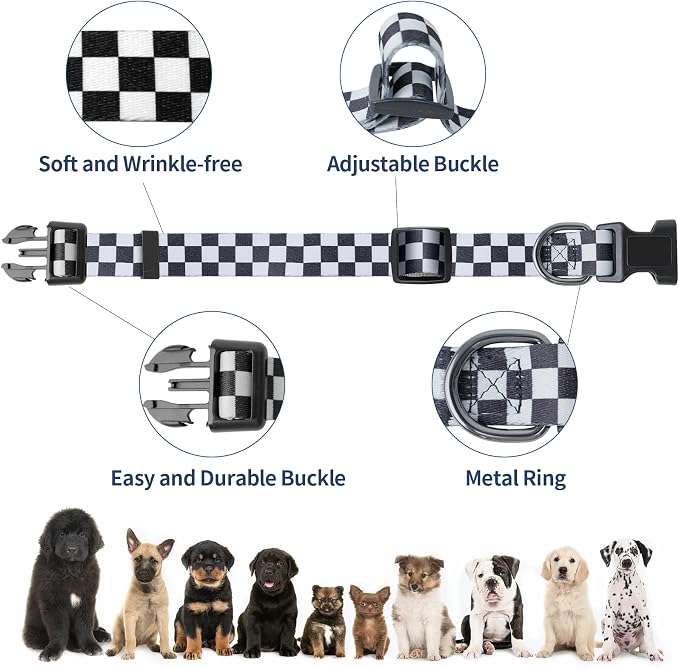 Dog Collar Adjustable Puppy Collar for Small Medium Large Dogs, Nylon Safety Collars with Leopard Print Night Visibility, Plaid L